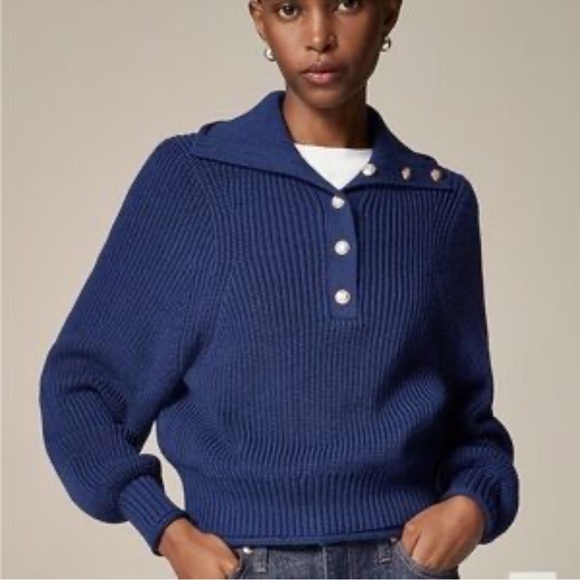J. Crew Women’s Ribbed cotton button collar navy gold chunky knit boxy XXS NWT - Picture 12 of 12